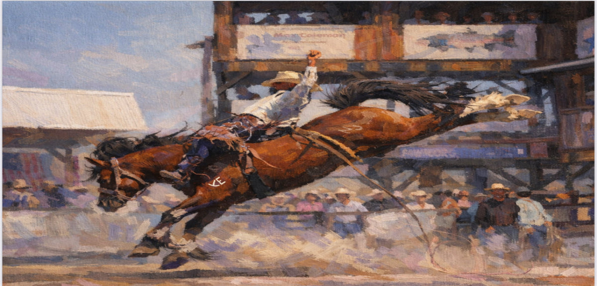 Painting of a cowboy riding a bucking bronco at a rodeo with spectators in the background.