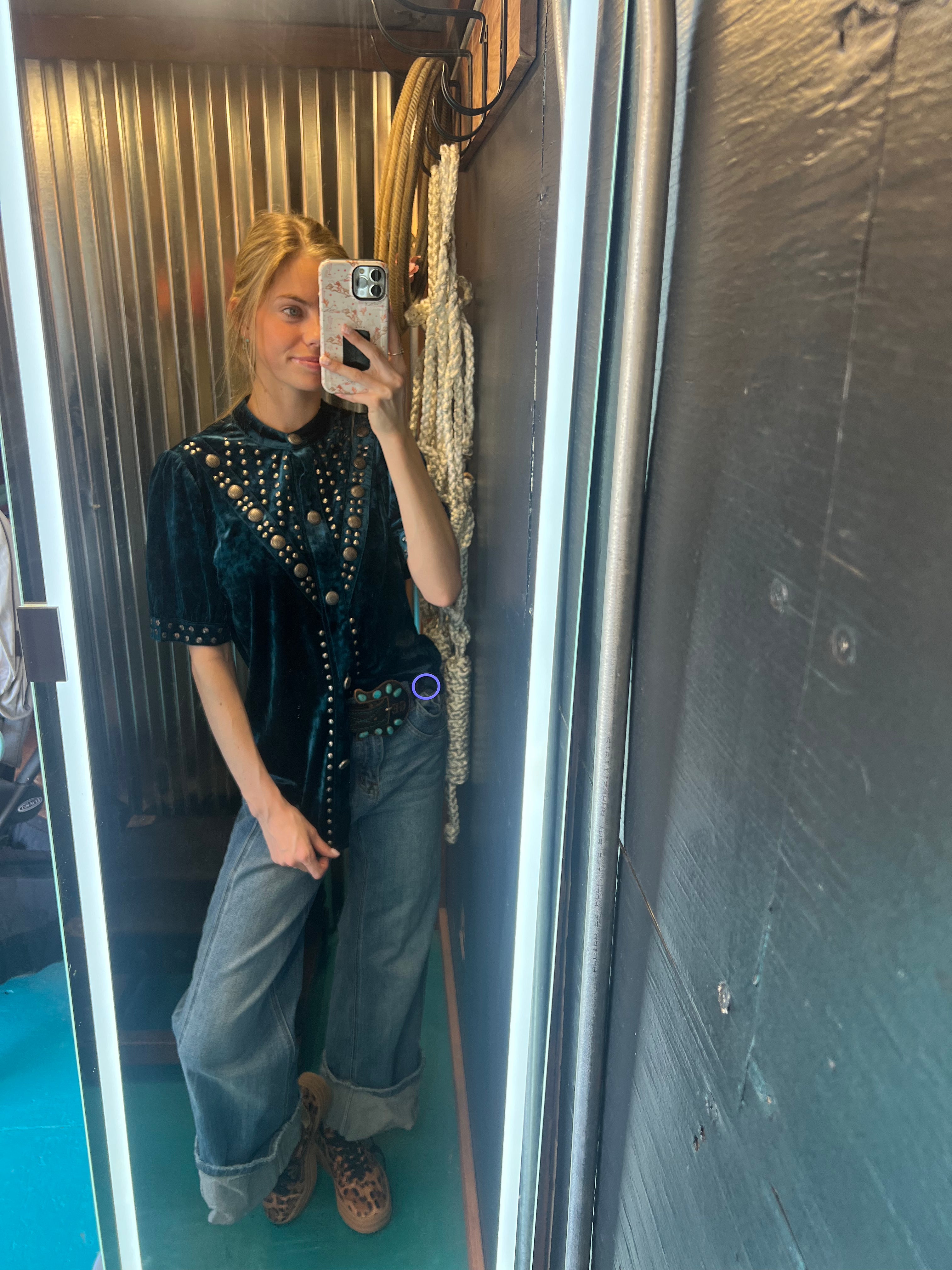 Teal Vallejo Velvet Button Up